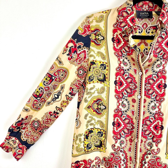 Mob Wife 100% Silk Shirt, Dana Buchman, Size 2 Petite, Gold & Red, Luxurious - Picture 4 of 13